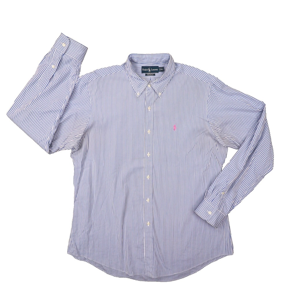 Ralph Lauren Blue White Stripe Custom Fit Button‎ Up Shirt Men's size XL
